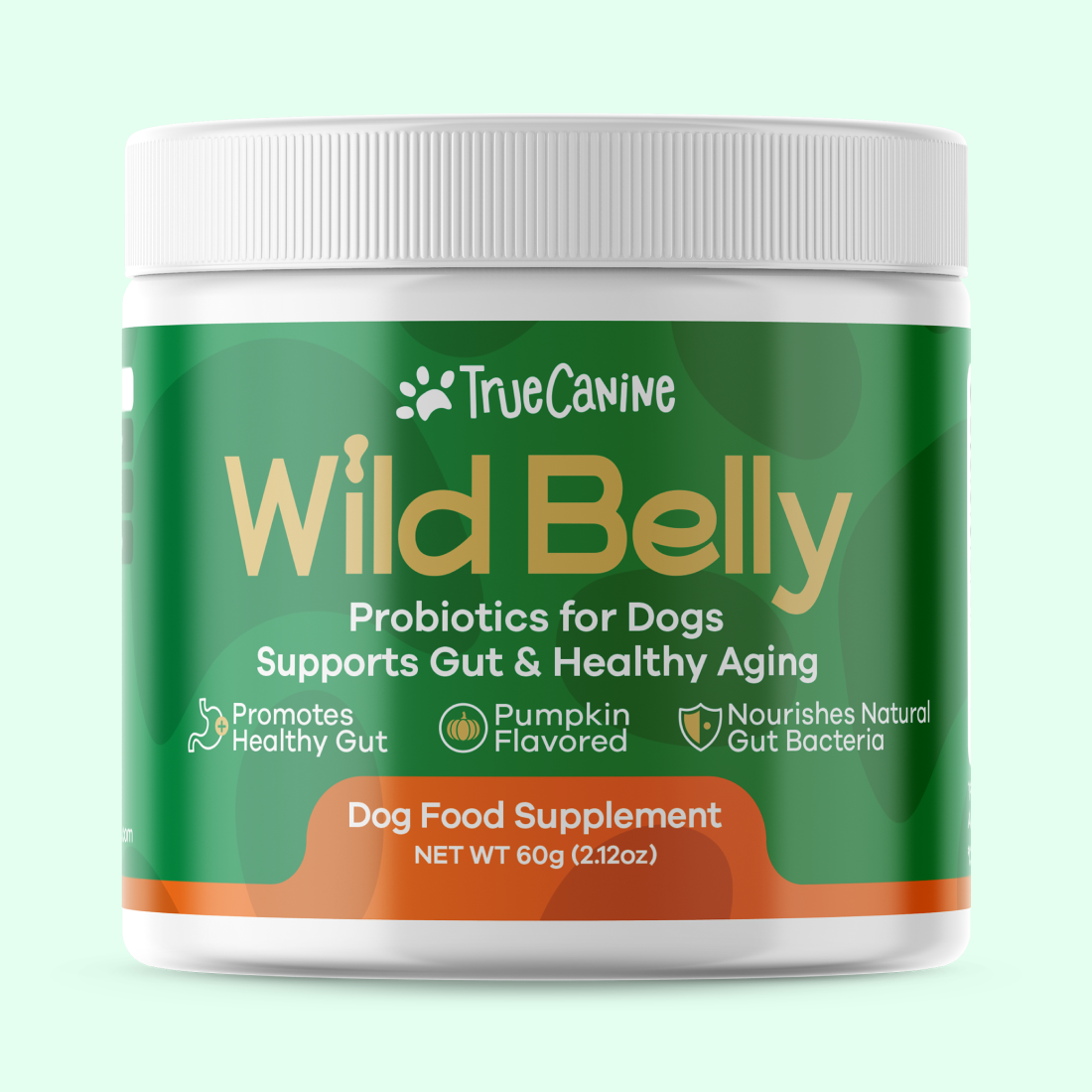 A jar of Wild Belly pumpkin-flavored probiotic powder for dogs