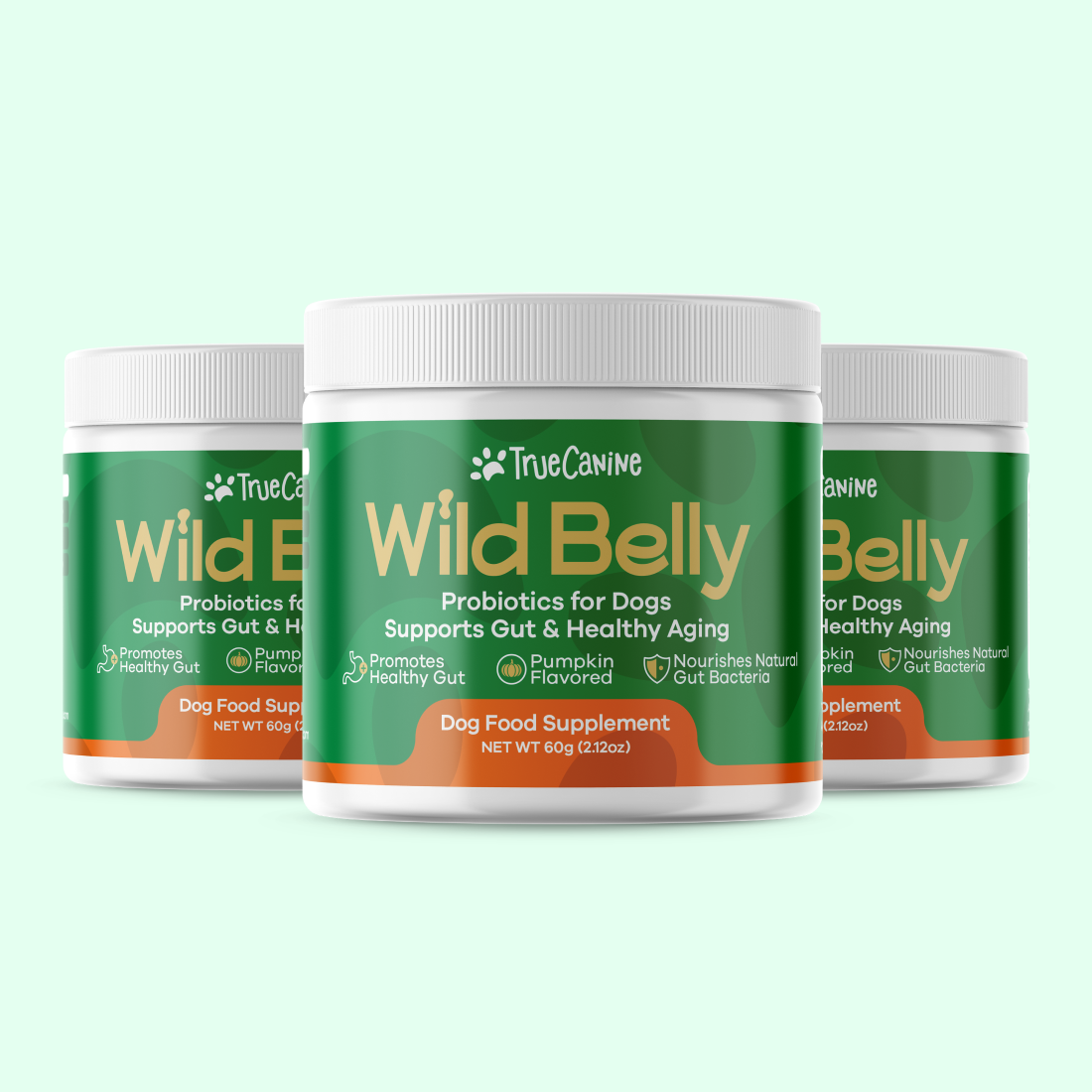 Three jars of Wild Belly probiotic powder for dogs by TrueCanine